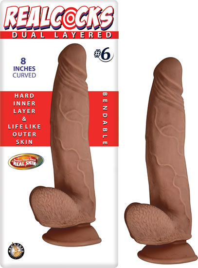 REAL COCKS DUAL LAYERED #6 BROWN CURVED 8 "