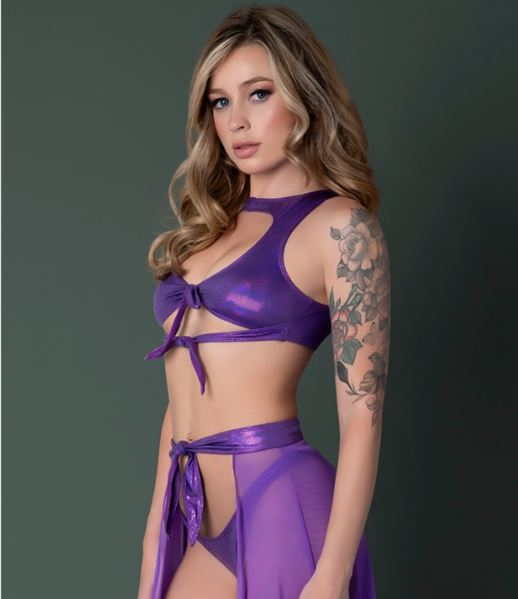 GLIMMER CROP TOP SKIRT TANGA METALLIC PURPLE L/XL