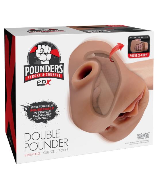 PDX Plus Double Pounder Vibrating Squeeze Stroker – Brown