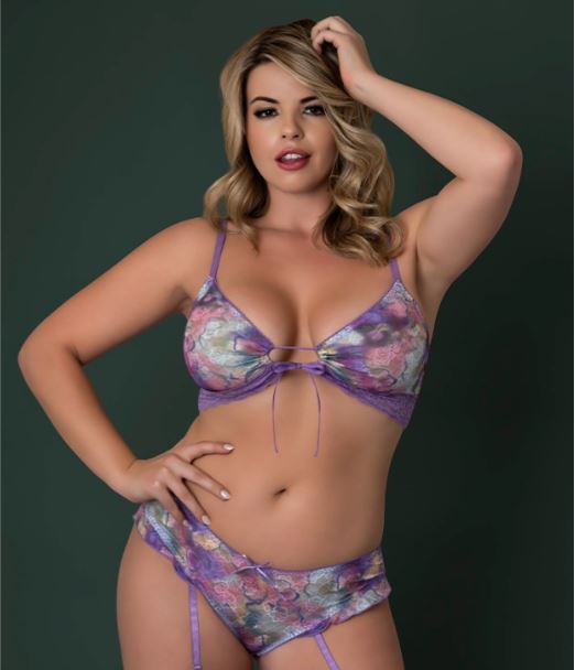 Wisteria Mist Bralette & Panty, Removable Garter – Floral, 2XL