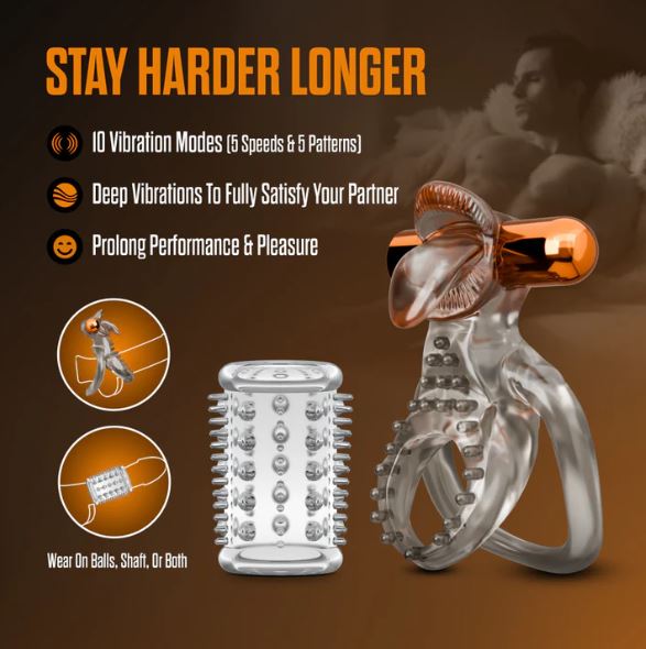 STAY HARD VIBRATING COCK RING SET W/SLEEVE