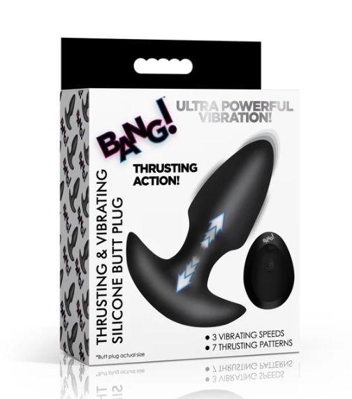 THRUSTING & VIBRATING SILICONE BUTT PLUG BLACK