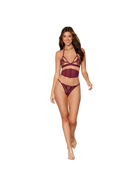 3PC SKIMPY BRALETTE WAIST BELT & G-STRING BURGUNDY O/S