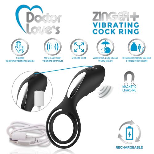 Doctor Love Zinger+ Vibrating Rechargeable Cock Ring – Black