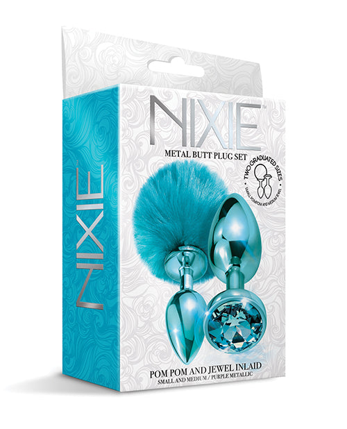 NIXIE METAL BUTT PLUG SET POM POM & JEWEL BLUE METALLIC