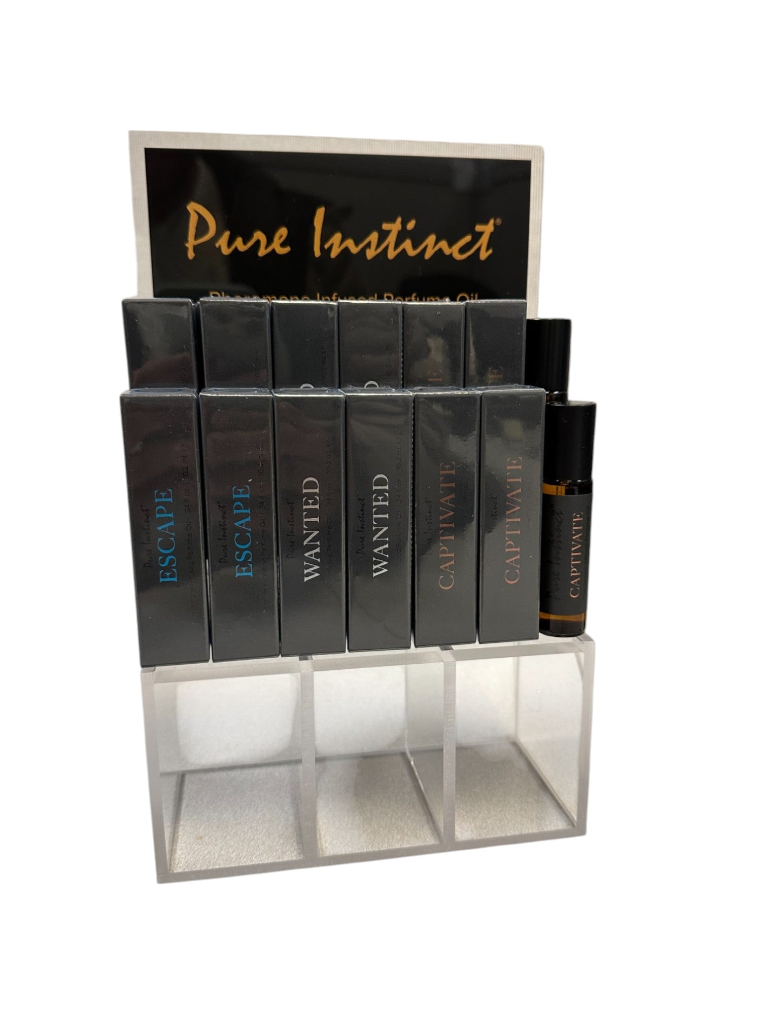 Pure Instinct Pheromone-Infused Perfume Oil Men Acrylic Cube Display With Testers