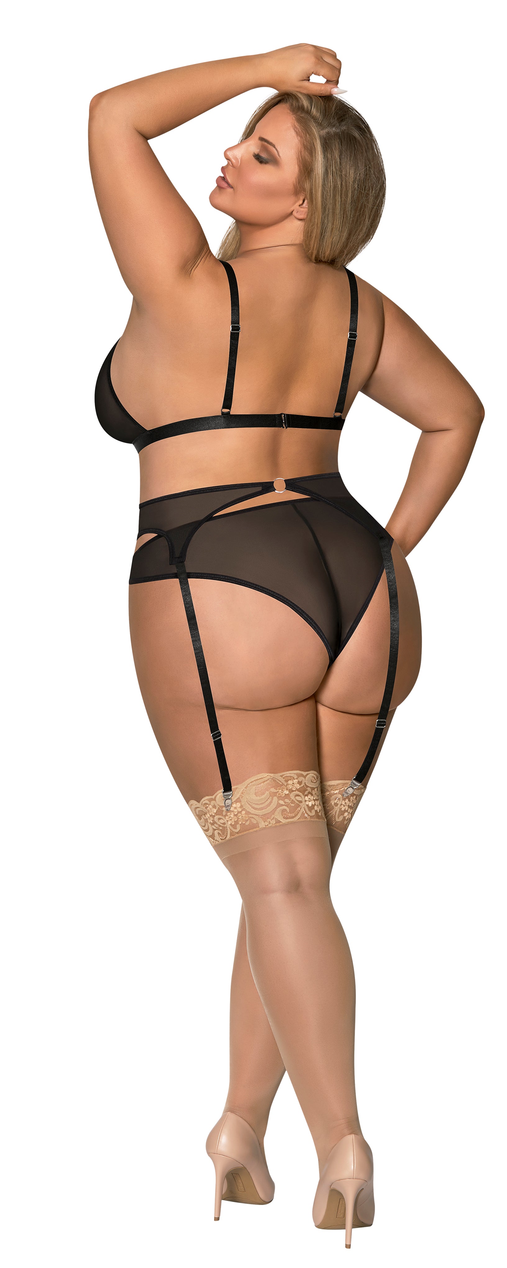 Sassy Bra, Garter & Rouched Panty – Black, 2XL