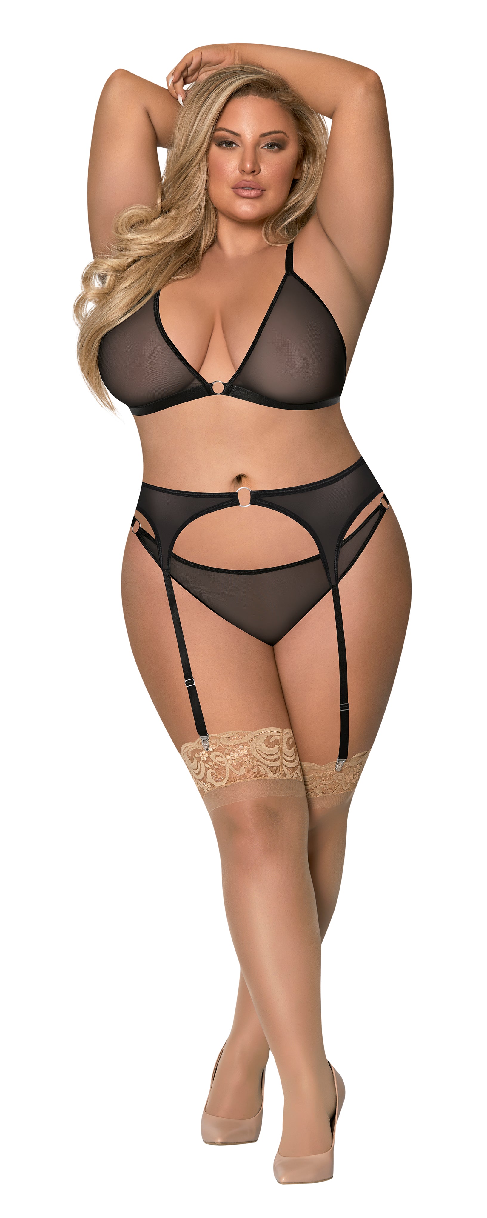 Sassy Bra, Garter & Rouched Panty – Black, 2XL