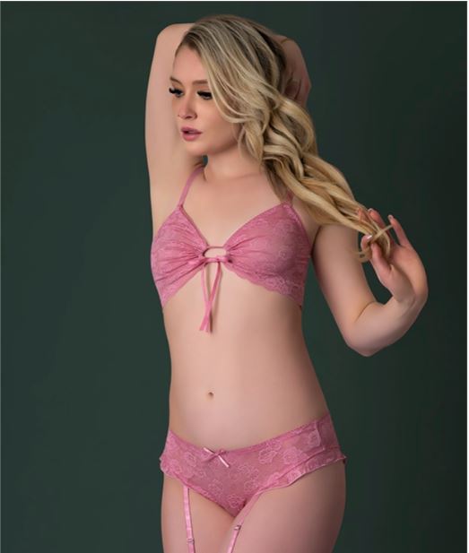 Wisteria Mist Bralette & Panty with Removable Garters – Pink, M