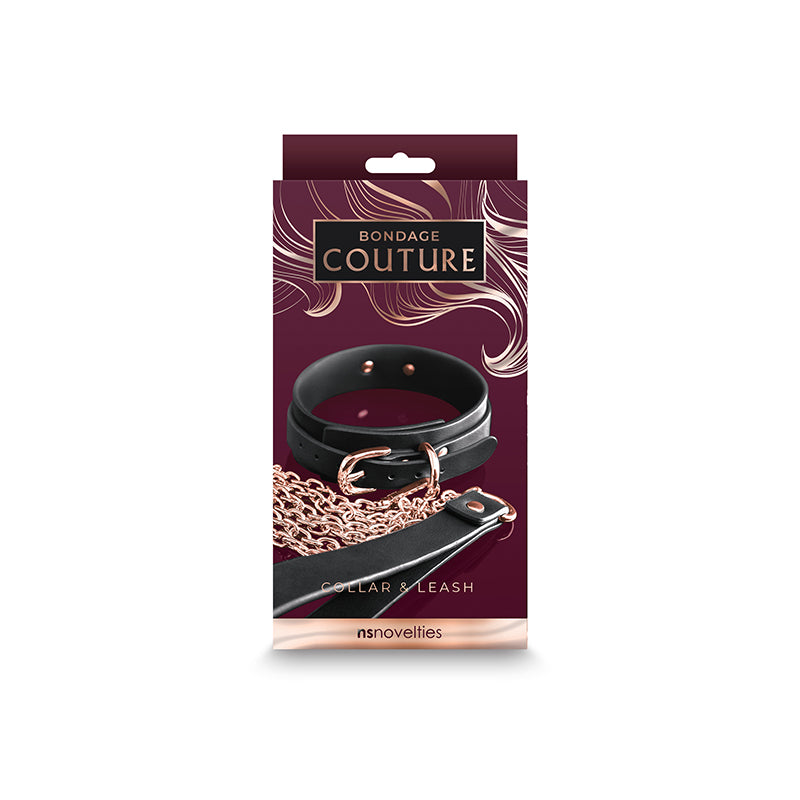 BONDAGE COUTURE COLLAR & LEASH BLACK W/ ROSE GOLD