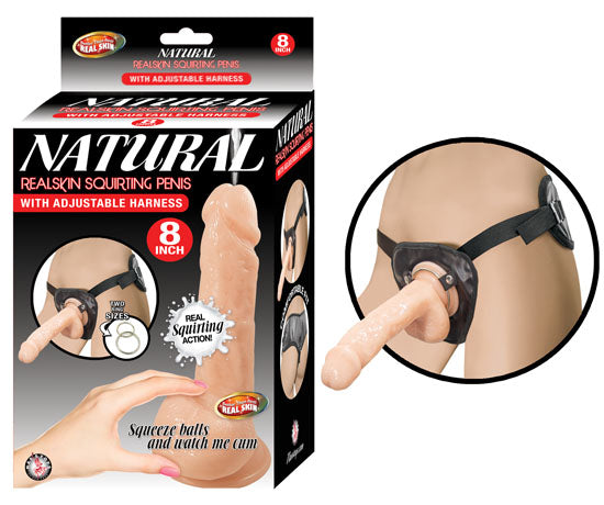 Natural Realskin Squirting Penis With Adjustable Harness 8" – Flesh