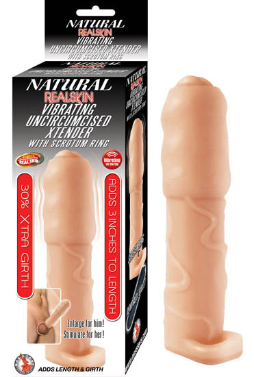 Natural RealSkin Vibrating Uncircumcised Xtender With Scrotum Ring – Flesh