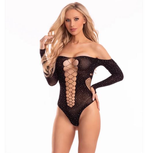 SAVAGE ME CRISSCROSS SPARKLE BODYSUIT BLACK