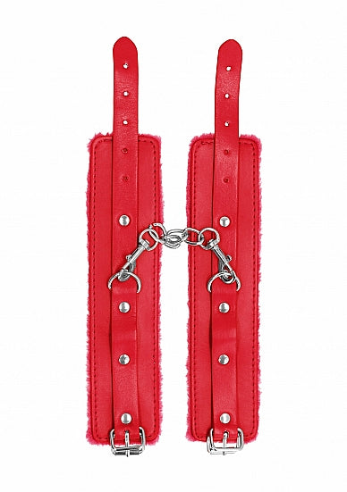 OUCH! PLUSH LEATHER HANDCUFFS RED