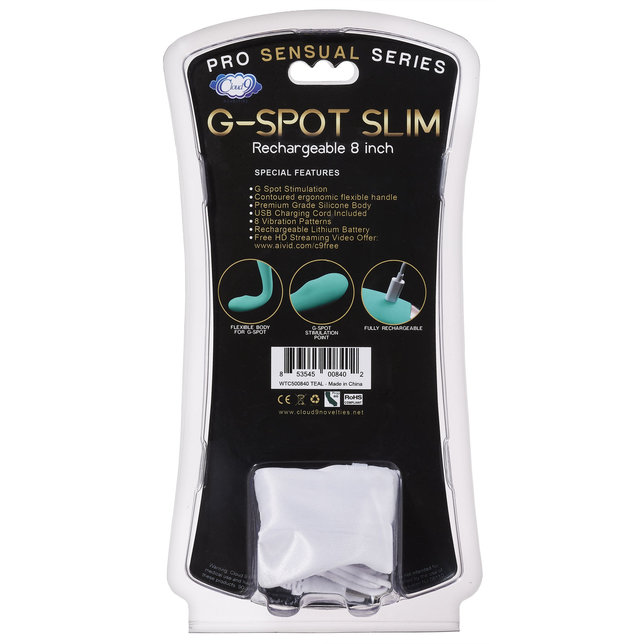 CLOUD 9 RECHARGEABLE G-SPOT SLIM 8IN SINGLE MOTOR TEAL
