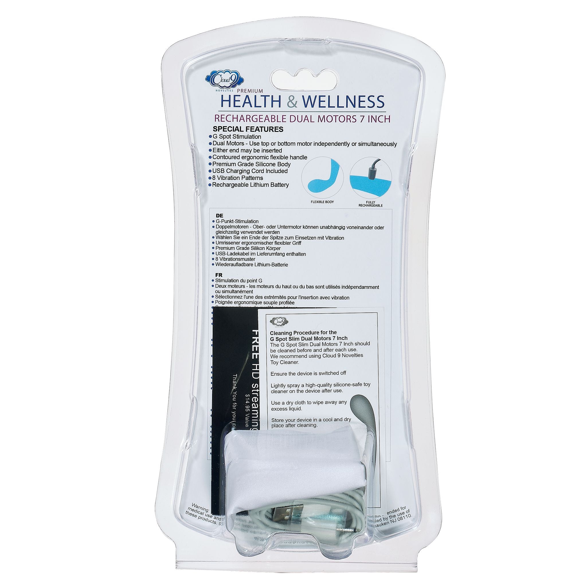 CLOUD 9 HEALTH & WELLNESS RECHARGEABLE G-SPOT SLIM 7IN DUAL MOTORS AQUA BLUE