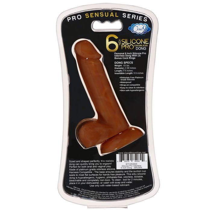 PRO SENSUAL PREMIUM SILICONE DONG W/ 3 C RINGS BROWN 6 "