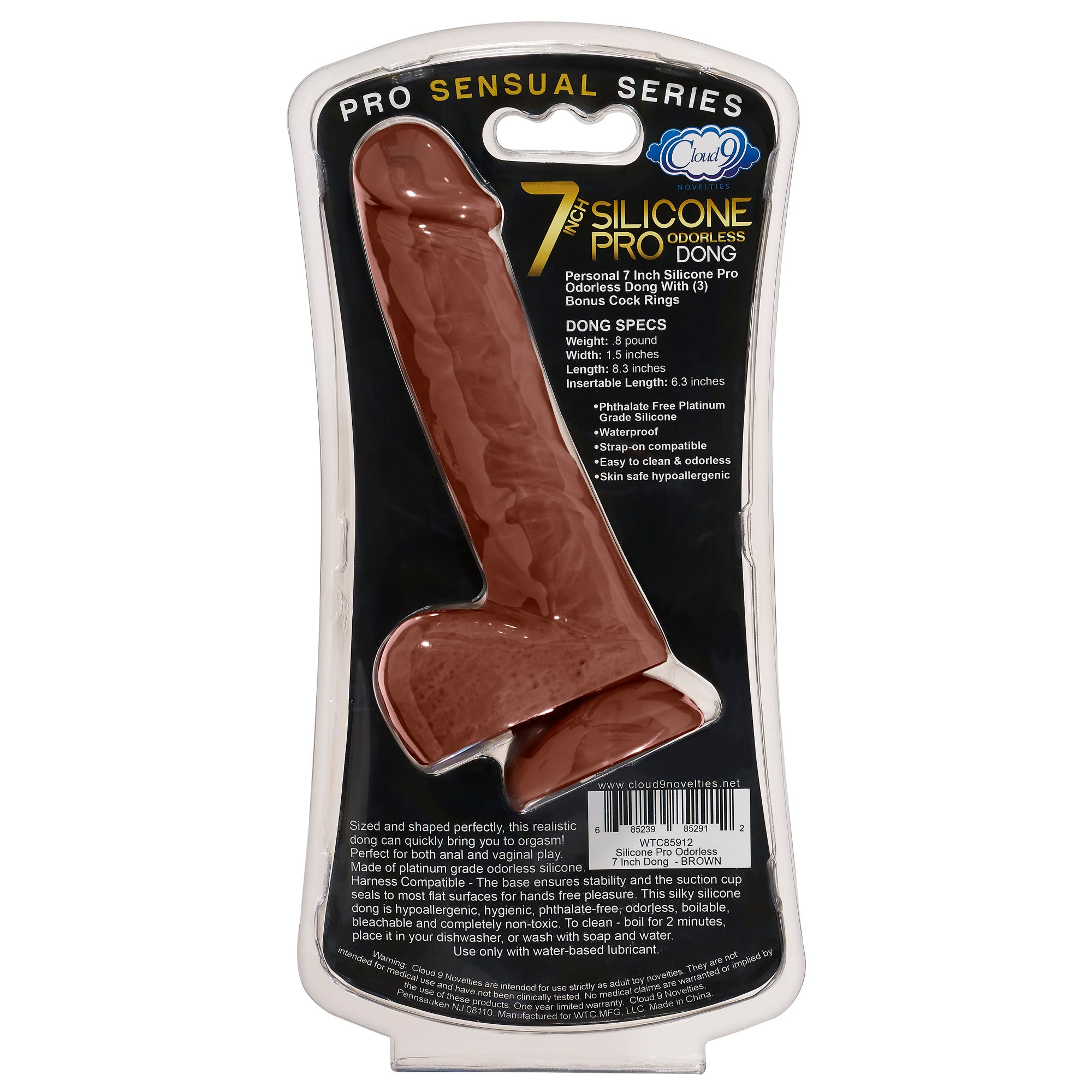 PRO SENSUAL PREMIUM SILICONE DONG W/ 3 C RINGS BROWN 7 "