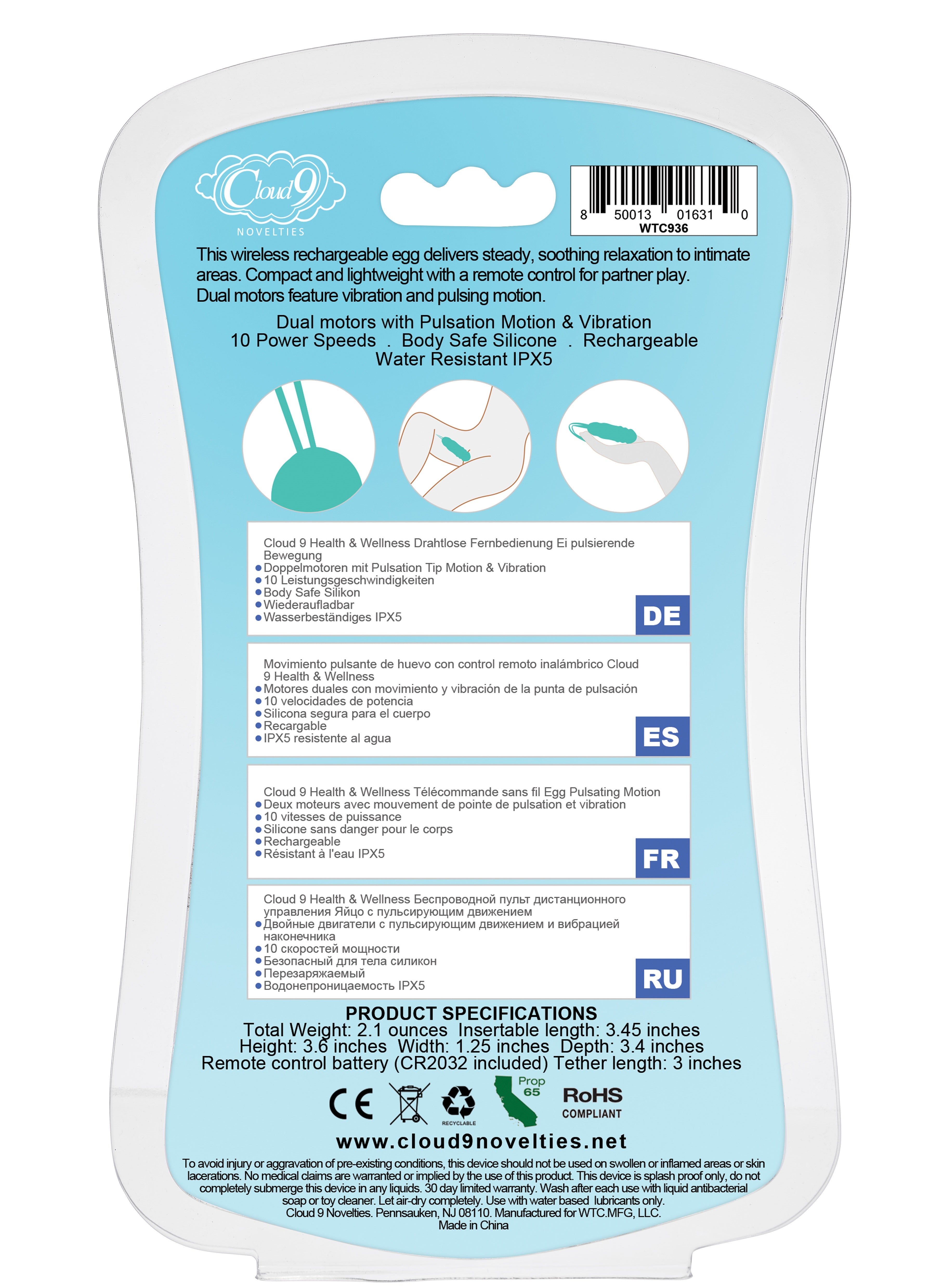 CLOUD 9 HEALTH & WELLNESS WIRELESS REMOTE CONTROL EGG W/ PULSATING MOTION TEAL