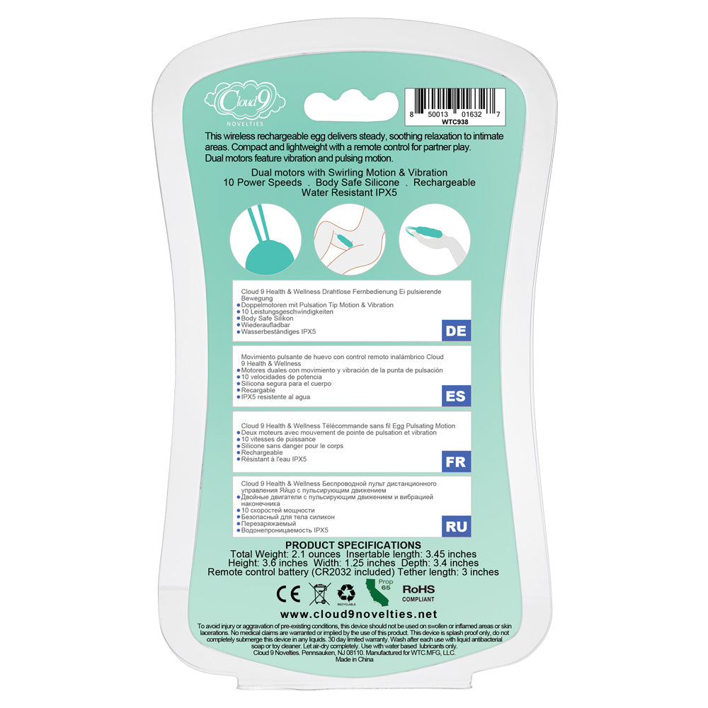 CLOUD 9 HEALTH & WELLNESS WIRELESS REMOTE CONTROL EGG W/ SWIRLING MOTION TEAL