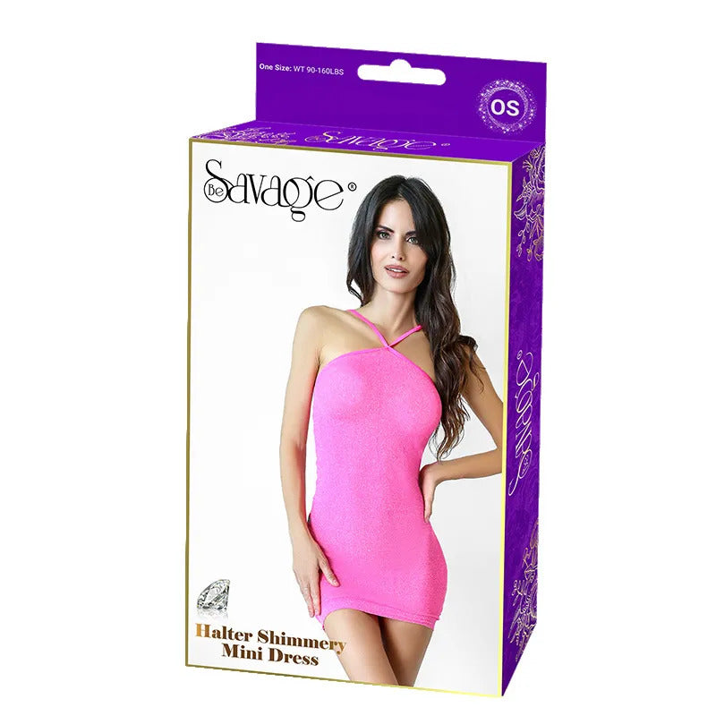 Halter Shimmery Mini Dress Pink