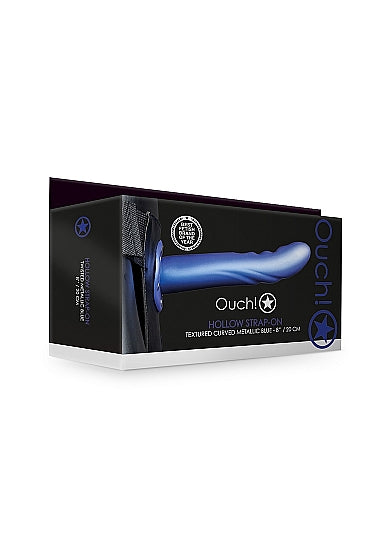 Ouch! Textured Curved Hollow Strap-on 8in Metallic Blue