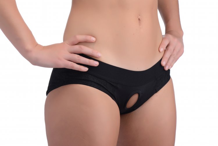 Strap U Lace Envy Crotchless Panty Harness Black S/m