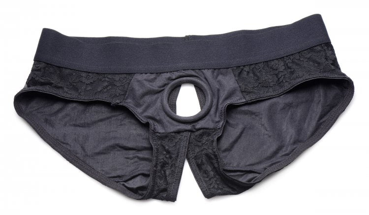 Strap U Lace Envy Crotchless Panty Harness Black S/m