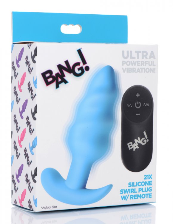 Bang! 21x Vibrating Silicone Swirl Butt Plug W/ Remote Blue