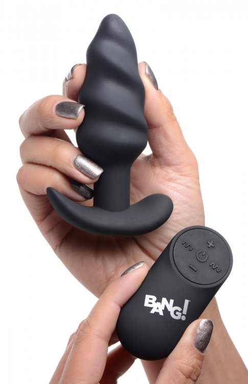 BANG! 21X VIBRATING SILICONE SWIRL BUTT PLUG W/ REMOTE BLACK