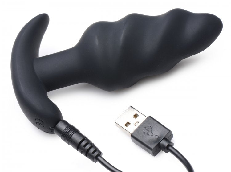 BANG! 21X VIBRATING SILICONE SWIRL BUTT PLUG W/ REMOTE BLACK