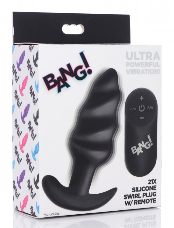 BANG! 21X VIBRATING SILICONE SWIRL BUTT PLUG W/ REMOTE BLACK