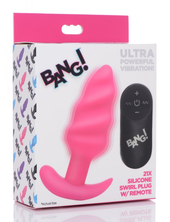 BANG! 21X VIBRATING SILICONE SWIRL BUTT PLUG W/ REMOTE PINK