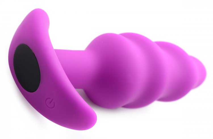BANG! 21X VIBRATING SILICONE SWIRL BUTT PLUG W/ REMOTE PURPLE