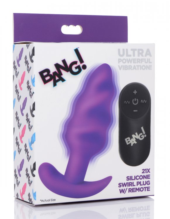 BANG! 21X VIBRATING SILICONE SWIRL BUTT PLUG W/ REMOTE PURPLE