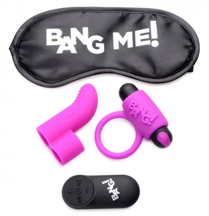 Bang! Couples Love Ring, Finger Vibe, Bullet & Blindfold Kit – Purple