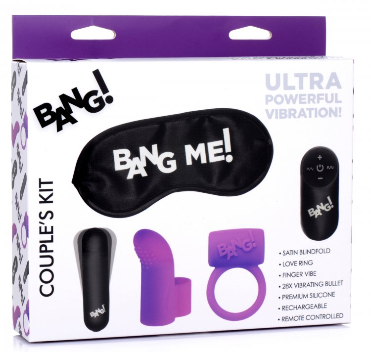 Bang! Couples Love Ring, Finger Vibe, Bullet & Blindfold Kit – Purple