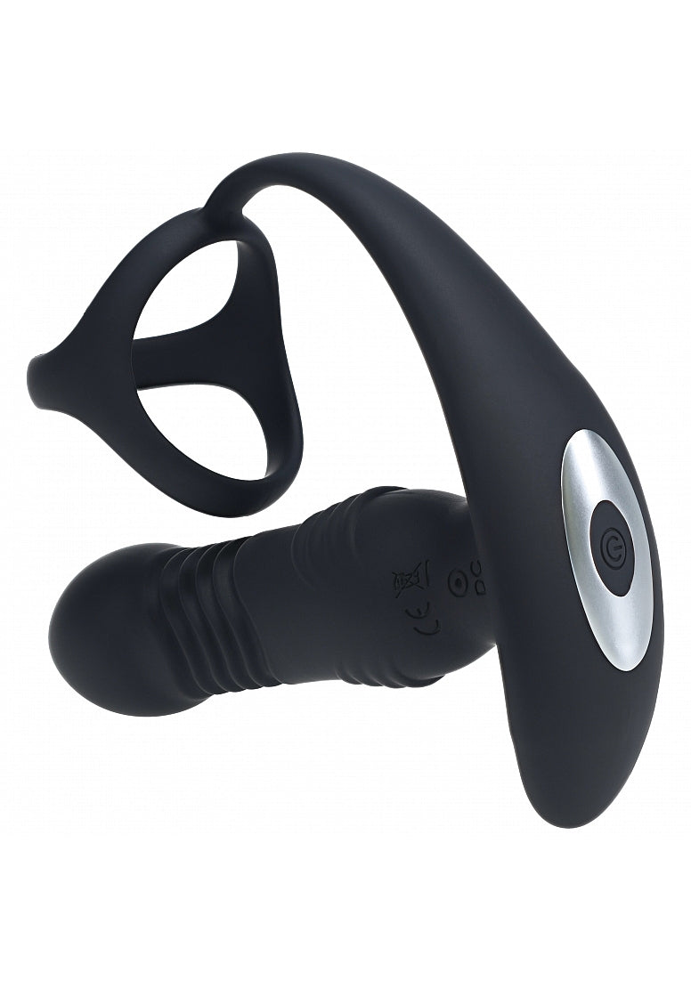 LEVELZ VIBRATING & THRUSTING SILICONE PROSTATE MASSAGER W/TRIO O COCK RING BLACK