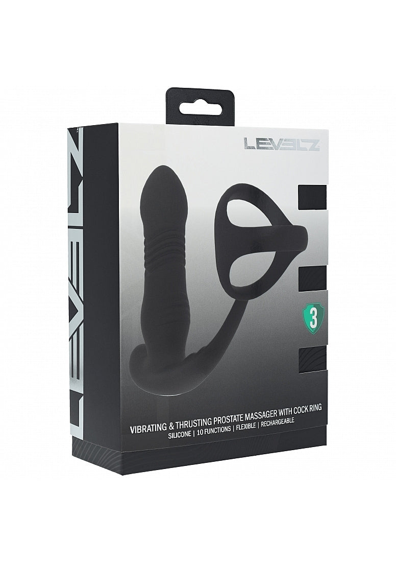 LEVELZ VIBRATING & THRUSTING SILICONE PROSTATE MASSAGER W/TRIO O COCK RING BLACK