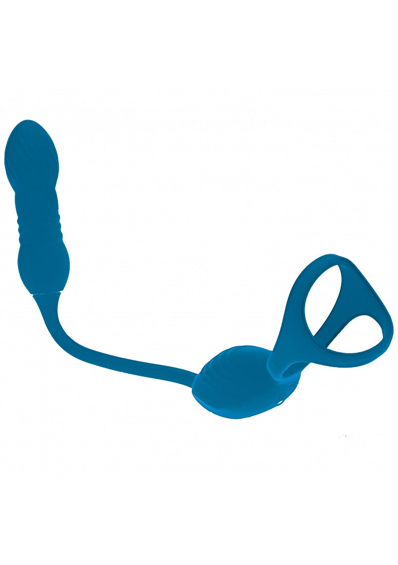 LEVELZ VIBRATING & THRUSTING TRI O COCK RING W/ PROSTATE STIMULTOR TEAL